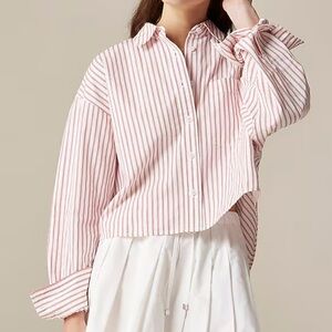 J.Crew Étienne Cropped Stripe Button Up Shirt XS White Red Oxford Oversized Fit